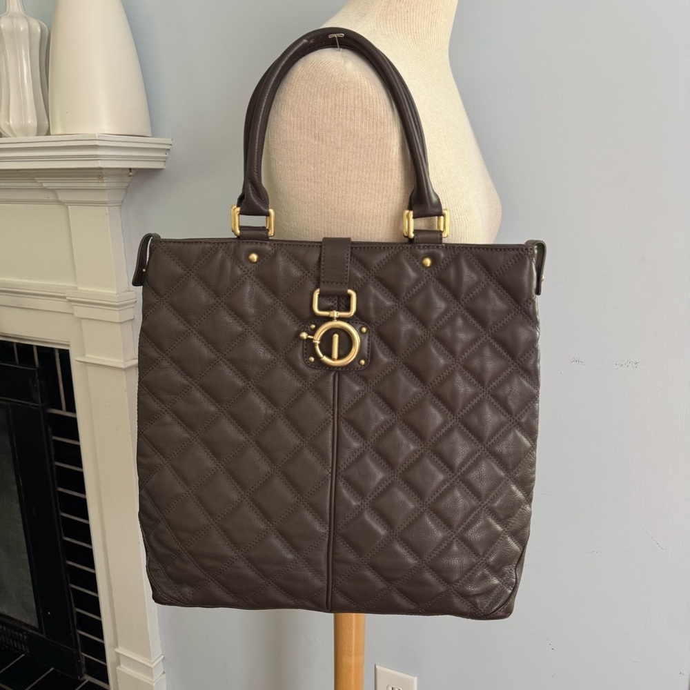 J.CREW quilted leather tote with gold hardware taupe gray color NWT Quincy style